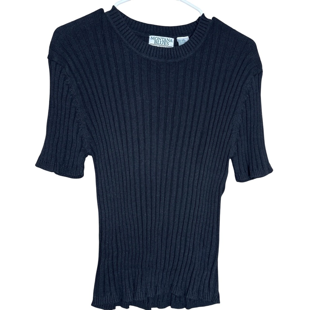 Montana‎ Blues Jean Company VTG Ribbed Knit Short Sleeve Sweater Navy Blue L NWT